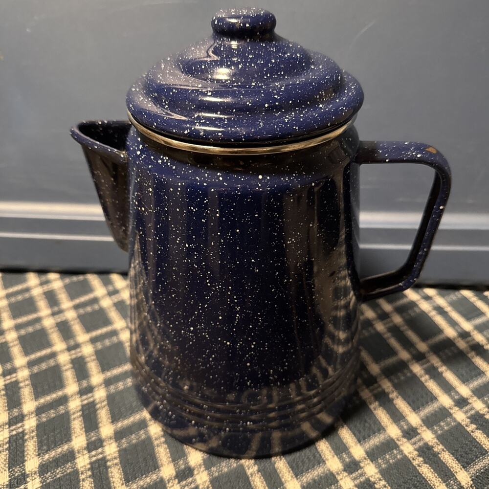 Vintage blue speckled enamelware coffee/tea pot kettle